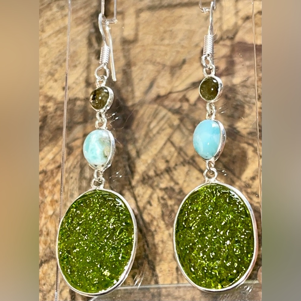 Labradorite & Caribbean Larimar Earrings 2 1/2” - Picture 4 of 10